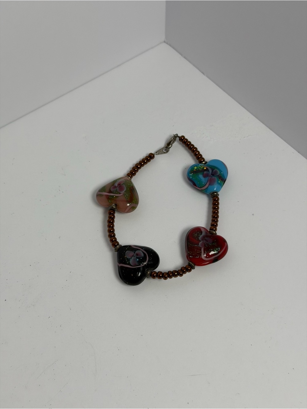 Vintage Lampwork Glass Hearts Colorful Bracelet
